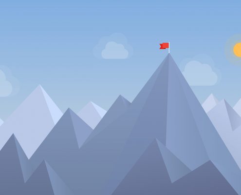 Mountaintop with a flag on it and shining sun in the sky